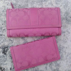 COACH Legacy Signature Leather Stripe Trifold Wallet with Checkbook Holder Pink